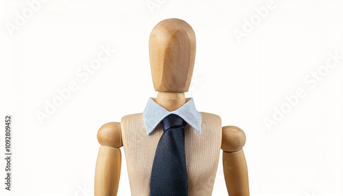 Close-up of a wooden mannequin dressed in professional attire. The minimalist design highlights concepts of business, professionalism, and creativity in a unique and artistic presentation.