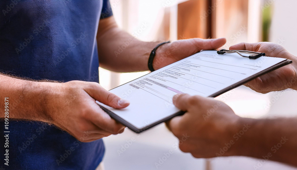 Customer Man signature in clipboard to receive package from professional delivery man at home
Customer Man signature in clipboard to receive package from professional delivery man at home