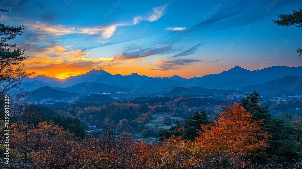 Scenic Autumn Forest View at Sunset with Mountain Range Scenic Autumn Forest View at Sunset with Mountain Range