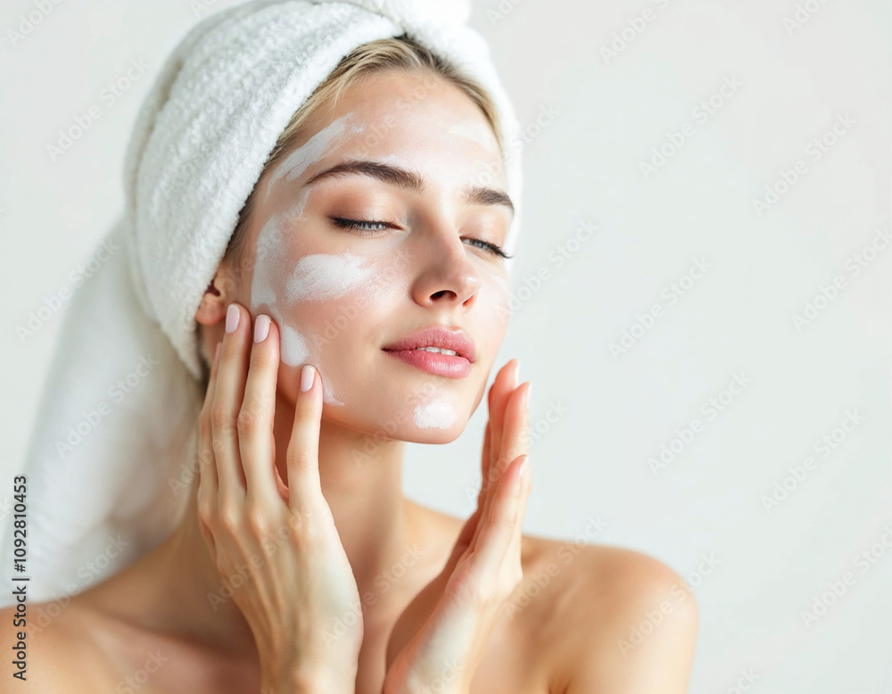 Skin care beauty. Young blond woman model moisturize clean skin without makeup, apply body face cream or serum on face, treating acne with cosmetology product, white background. Skin care beauty. Young blond woman model moisturize clean skin without makeup, apply body face cream or serum on face, treating acne with cosmetology product, white background.
