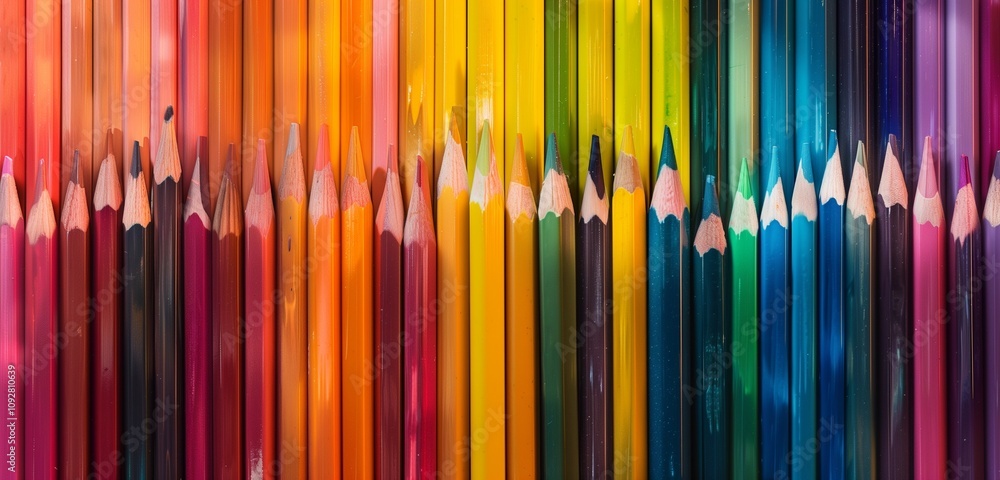 A vibrant wave of pencils in a row, isolated on a wide panorama. A vibrant wave of pencils in a row, isolated on a wide panorama.