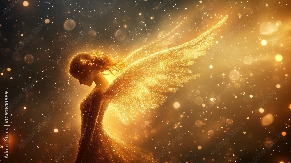 A glowing angel in a starry sky, her wings like delicate lace, illuminated by soft golden sparkles A glowing angel in a starry sky, her wings like delicate lace, illuminated by soft golden sparkles