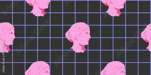Seamless pattern with ancient Greek woman. Pink y2k statue on dark grid background. Modern illustration for fabric, textile, wrapping paper, wallpaper, backdrop, cover, print design. Vector