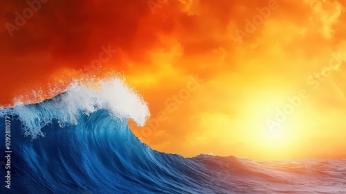 Splashing waves caught in the light of a stormy sunset, sunset storm energy, vibrant wave motion photo