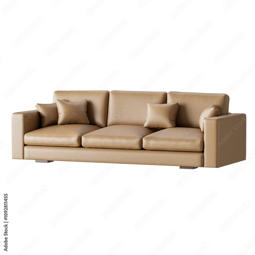 A tan leather couch with three cushions and a pillow A tan leather couch with three cushions and a pillow