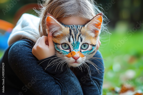 A person or teenager wearing a cat mask sits on all fours. Quadrobists. Imitation of animal behavior.	 photo