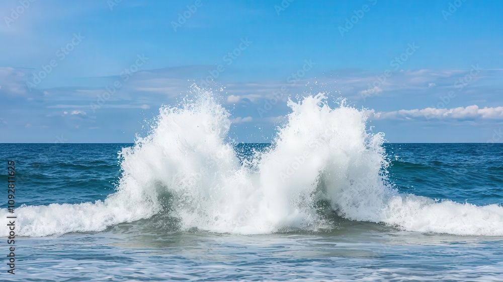 Fototapeta premium Waves colliding in the middle of the ocean, water splashing energetically in all directions, wave collision, chaotic water energy
