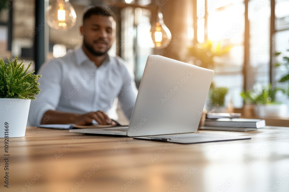 A man in a white shirt seated at a wooden desk works on his laptop in a sunlit office, symbolizing a blend of nature and modern business activity. A man in a white shirt seated at a wooden desk works on his laptop in a sunlit office, symbolizing a blend of nature and modern business activity.