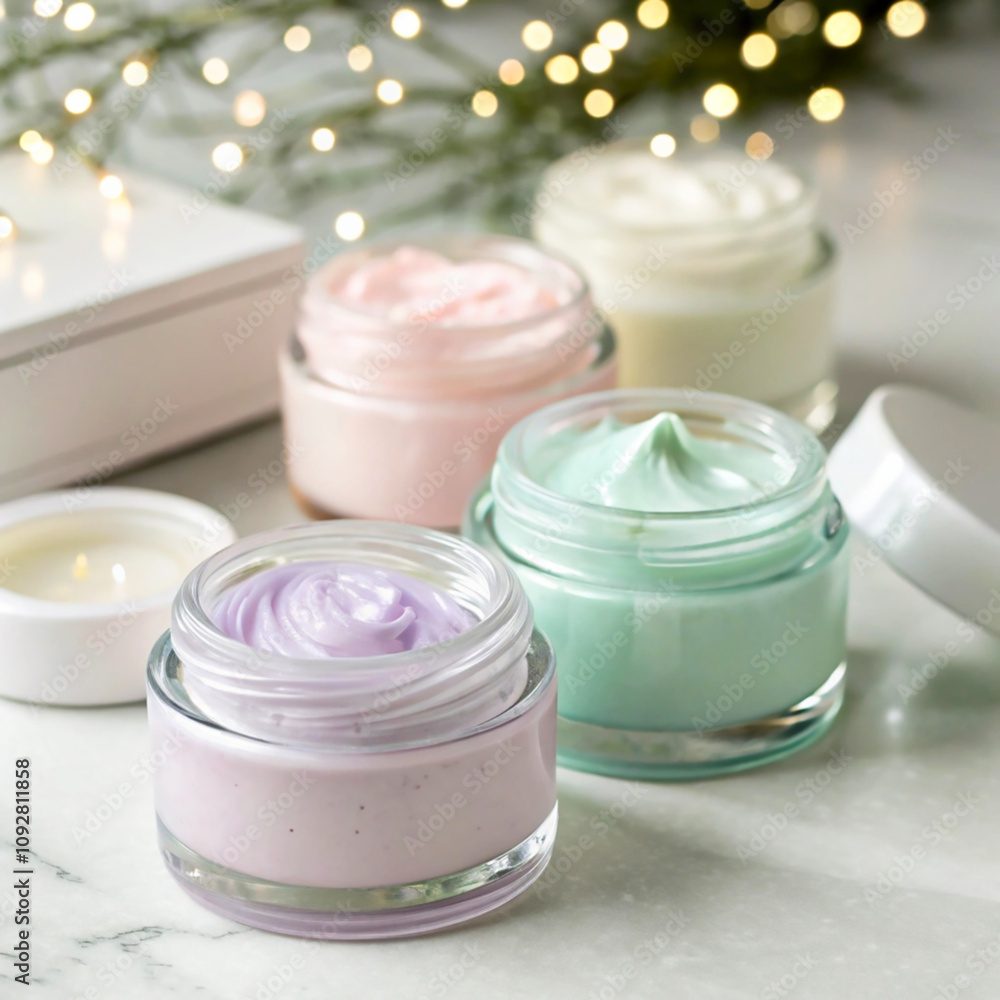 glass jars filled with pastel-colored creams glass jars filled with pastel-colored creams