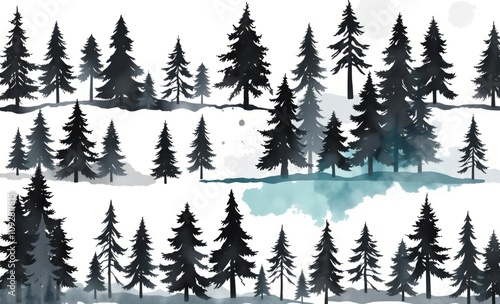 Winter forest, silhouette pine trees, misty lake, snowy landscape, watercolor painting, minimalist art style, black and white with teal accents, serene atmosphere, layered composition, Nordic inspirat