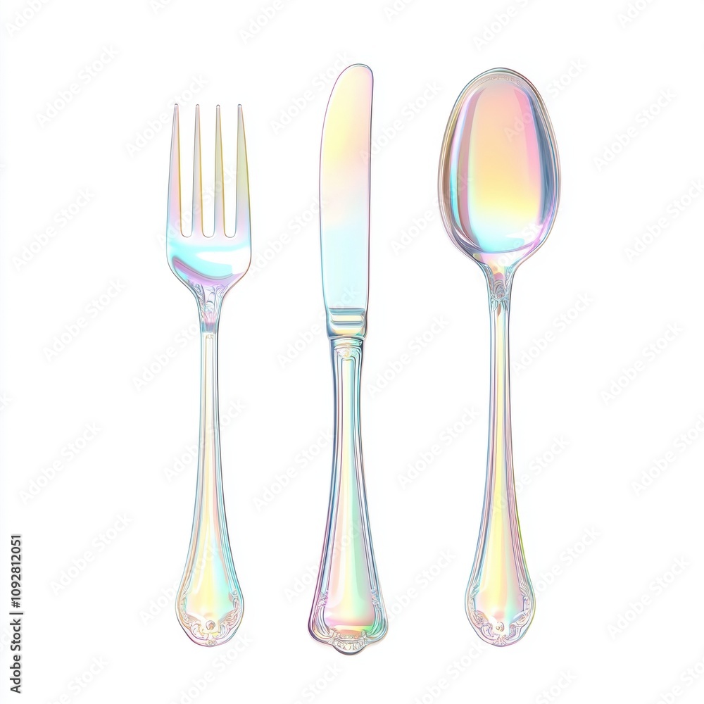 Fototapeta premium Iridescent cutlery set including fork, knife, and spoon, isolated on white background