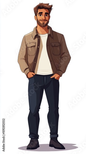 Illustration of a stylish man standing confidently with hands in pockets.