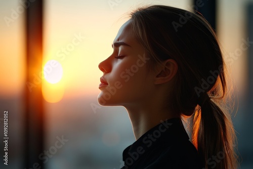 A serene moment captured as a woman with closed eyes reflects inwardly, illuminated by the warm hues of a sunset through a window, embodying tranquility and introspection. photo