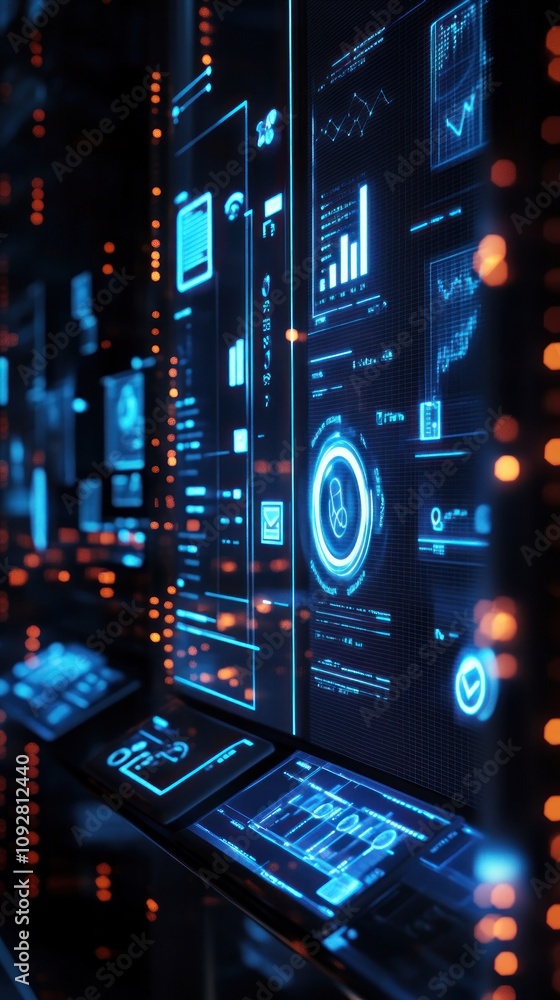 Obraz premium Futuristic digital interface displaying data analytics and technology metrics.