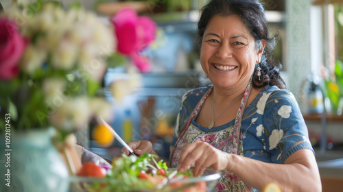 A woman smiling as she prepares a healthy meal, taking control of menopause-related weight gain with a balanced diet, bright and positive mood photo