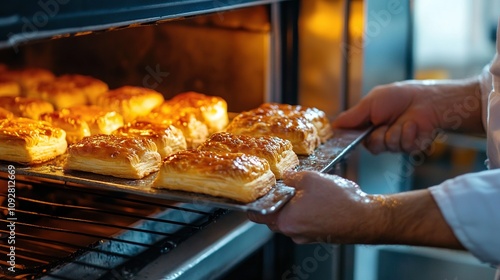 Golden puff pastries on a baking tray being placed into industrial oven by baker. Warm lighting emphasizes the freshly baked texture of the pastries. Kitchen interior baking process. Generative by AI