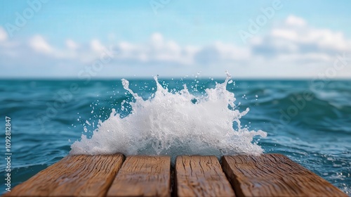 Waves splashing energetically as they collide with a jetty, jetty wave energy, dynamic water motion photo