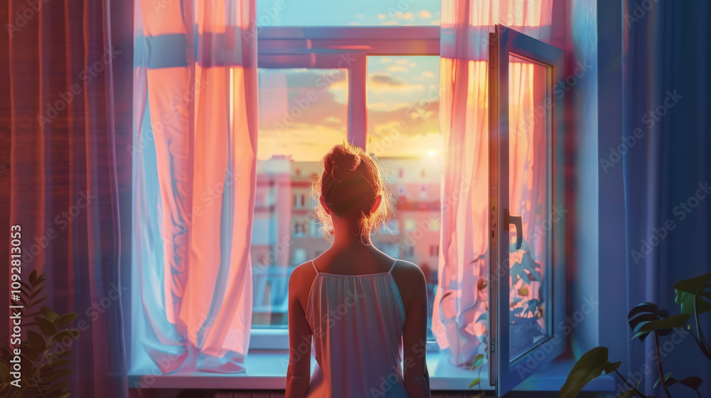 A woman standing near an open window, letting in cool air to find relief from a hot flash, the scene is peaceful with soft evening light A woman standing near an open window, letting in cool air to find relief from a hot flash, the scene is peaceful with soft evening light
