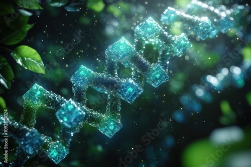 Glowing DNA strand amidst lush green foliage.