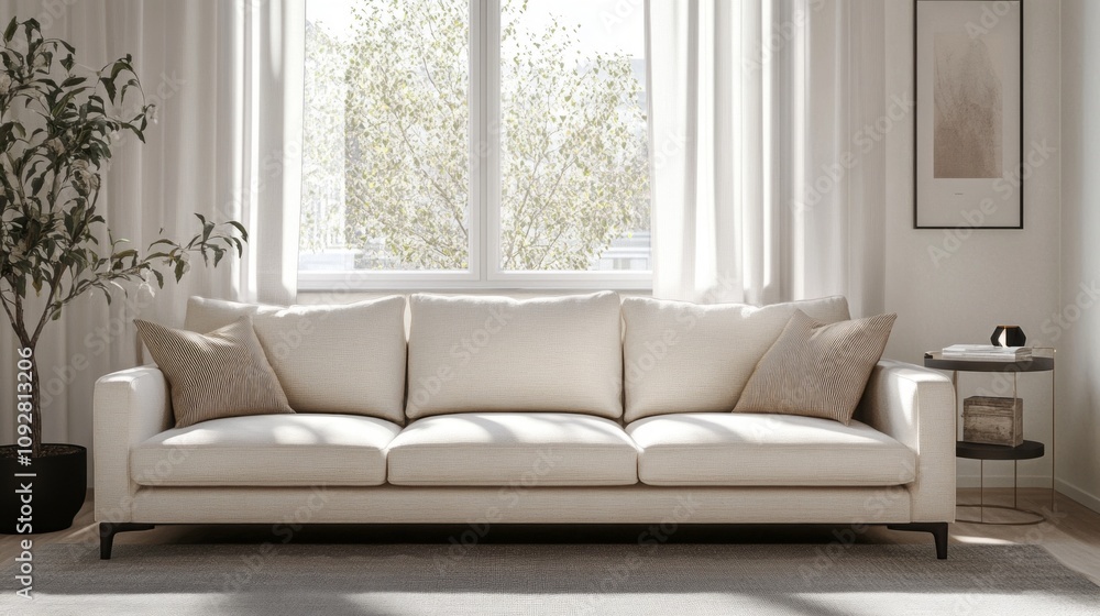 Fototapeta premium A large white couch sits in a room with a window and a plant