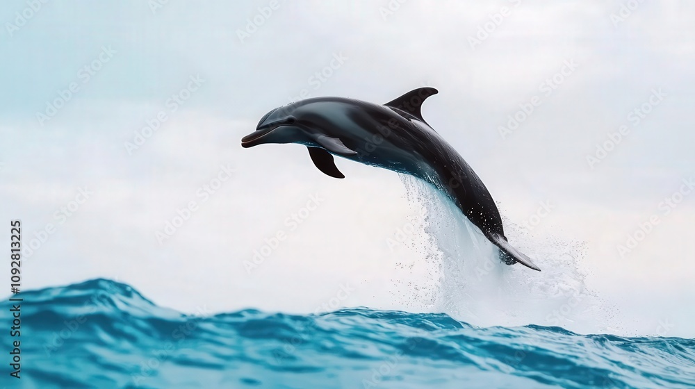 Fototapeta premium A dolphin leaping through energetic ocean waves, water spraying around, dolphin wave energy, ocean splash