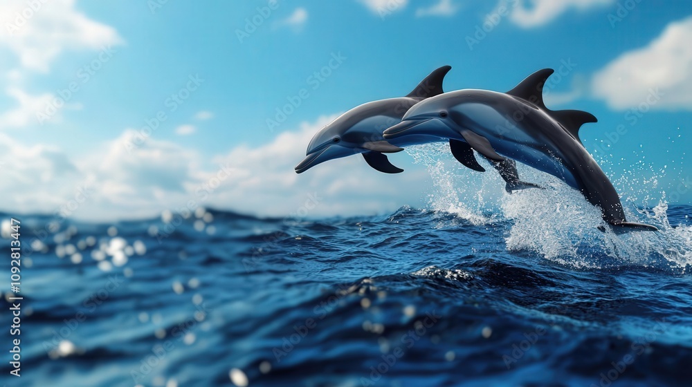 Obraz premium A group of dolphins riding the energy of ocean waves, water splashing playfully, dolphin energy, ocean splash