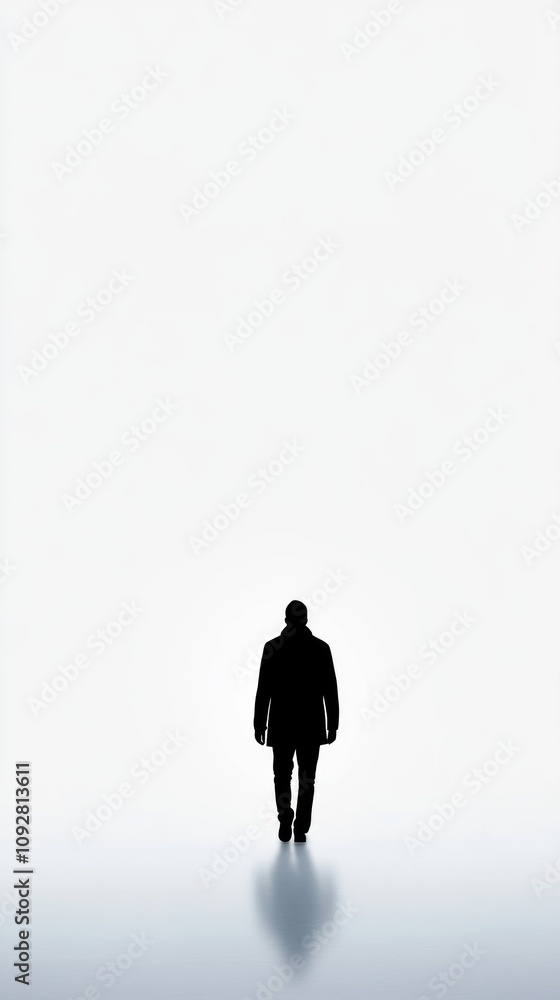 Fototapeta premium Silhouette of a man walking into the unknown, white isolated background.