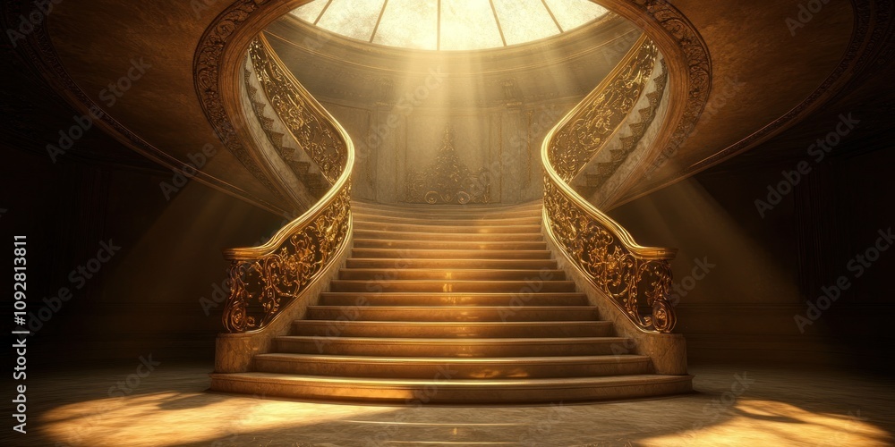 Obraz premium Elegant staircase illuminated by sunlight, showcasing ornate details and a grand atmosphere.