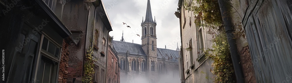 A misty alleyway leads to a towering church, surrounded by aged buildings and greenery. A misty alleyway leads to a towering church, surrounded by aged buildings and greenery.