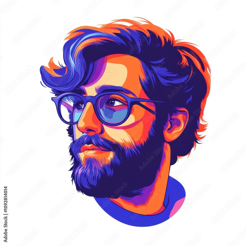 Stylized portrait of a young man with glasses and a beard, colorful design, white background. Stylized portrait of a young man with glasses and a beard, colorful design, white background.