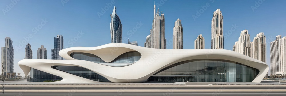 A modern architectural structure with fluid design amidst a city skyline. A modern architectural structure with fluid design amidst a city skyline.