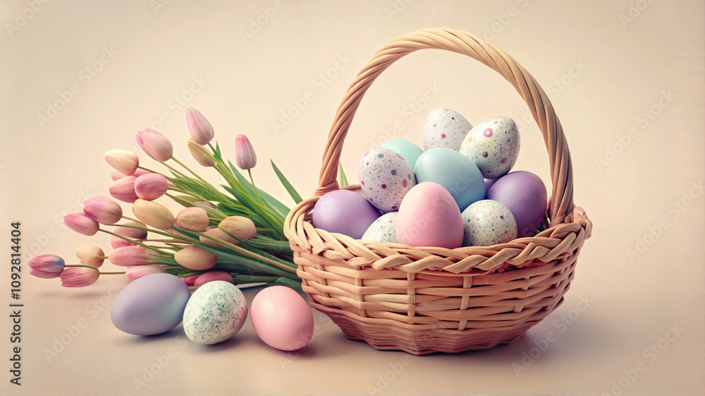 Easter basket with eggs and tulips Easter basket with eggs and tulips
