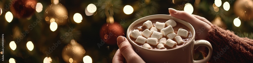 Close-up of a cup of cocoa with marshmallows in hands. Selective focus Close-up of a cup of cocoa with marshmallows in hands. Selective focus