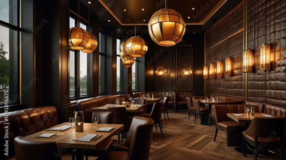 Fototapeta premium Luxurious restaurant interior with brown leather booths, wood floors, and elegant lighting.