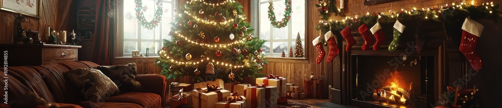 Decorated Christmas tree in the room. Selective focus Decorated Christmas tree in the room. Selective focus