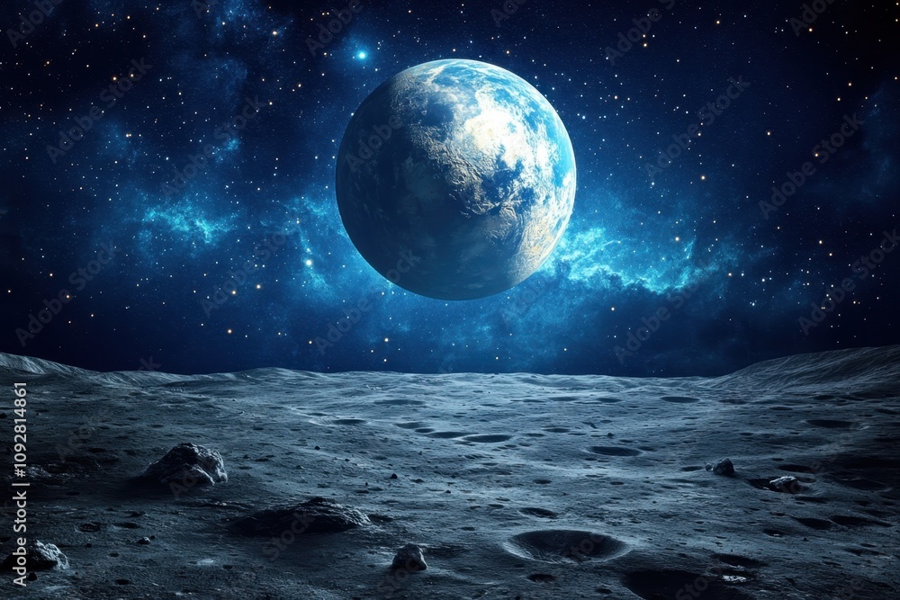 Obraz premium View of Earth rising over a lunar landscape under a starry sky at night