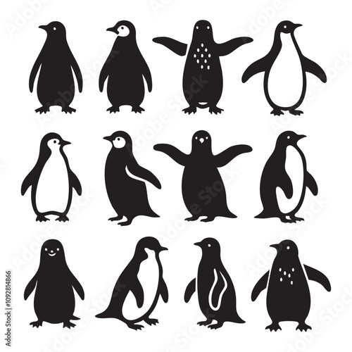 Set of penguin silhouette on white background