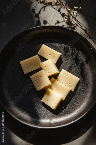 A black plate topped with cubes of cheese on top of a table photo