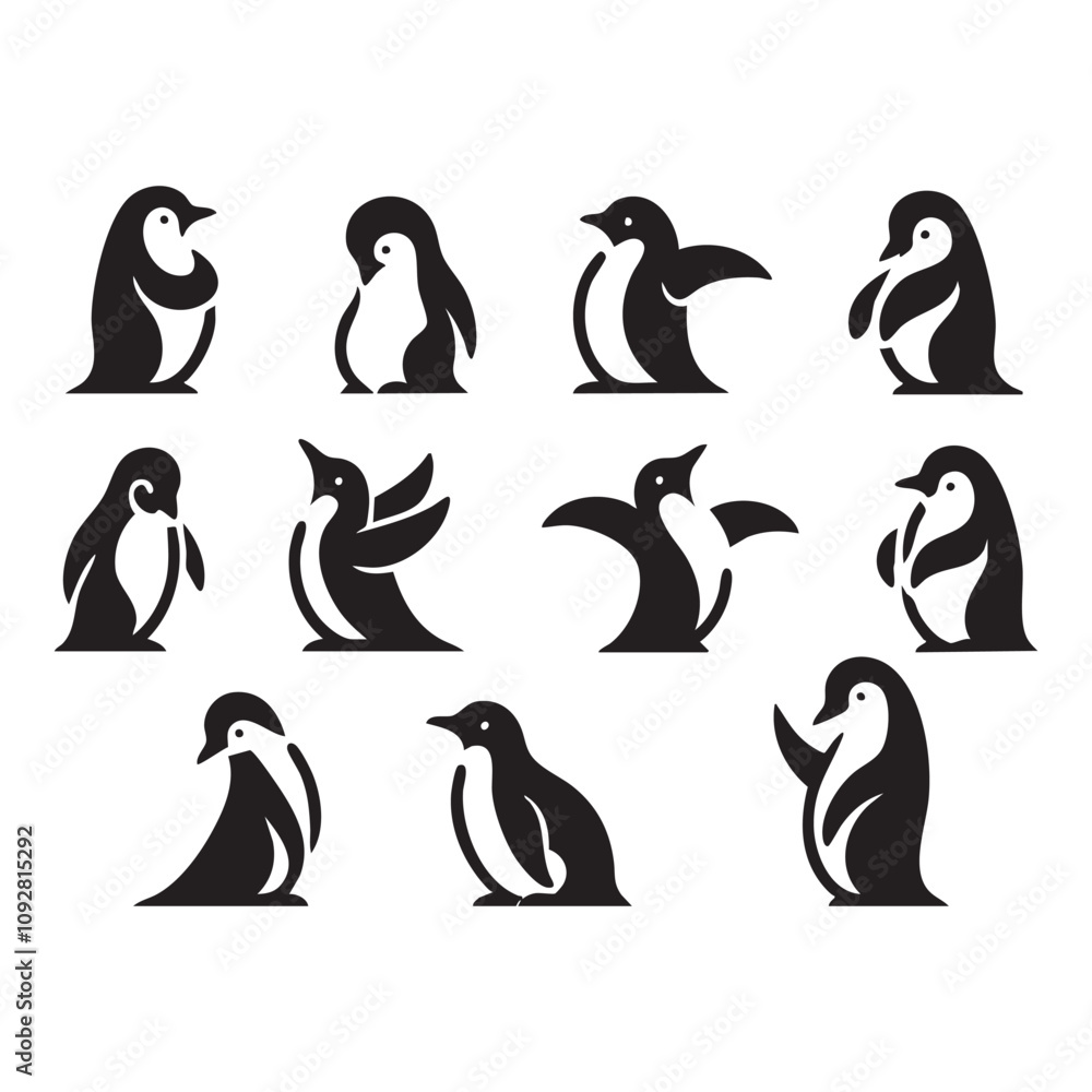 Obraz premium Set of penguin silhouette on white background