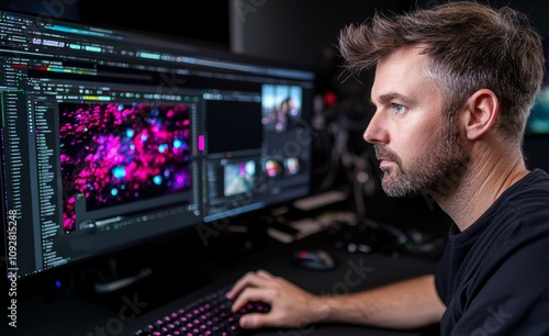 A focused individual analyzes colorful data visualizations on a dual-monitor setup, showcasing advanced programming and digital design skills.