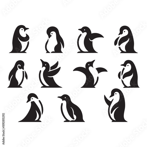 Set of penguin silhouette on white background photo