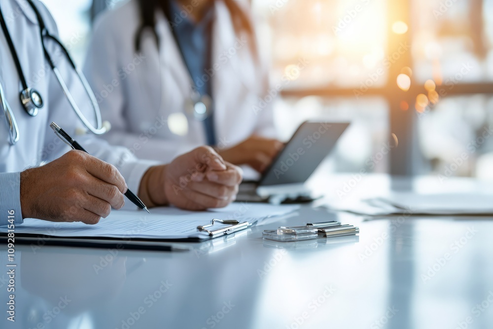 Two medical professionals meticulously review documents amidst a bright and modern healthcare environment, exemplifying teamwork and precision in patient care. Two medical professionals meticulously review documents amidst a bright and modern healthcare environment, exemplifying teamwork and precision in patient care.