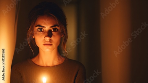 Young woman holding candle in dimly lit corridor with an anxious expression. Generative AI