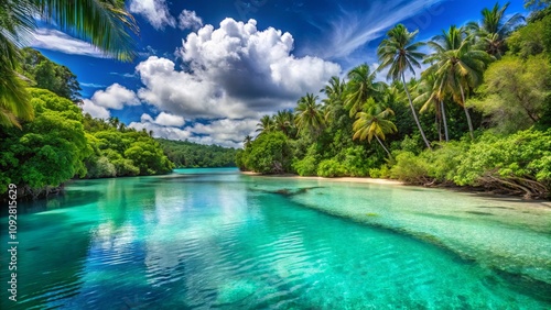 Serene Tropical Paradise with Lush Greenery and Crystal Clear Waters Under Bright Blue Sky with Fluffy Clouds, Ideal for Nature and Travel Themes photo