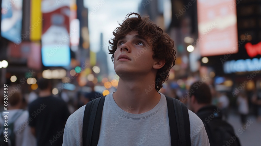 Fototapeta premium Young person exploring vibrant city streets at dusk in an urban setting. Generative AI
