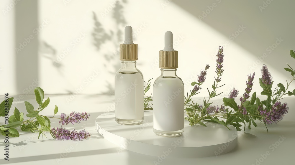 bottles with essential oil on a white background. Selective focus bottles with essential oil on a white background. Selective focus
