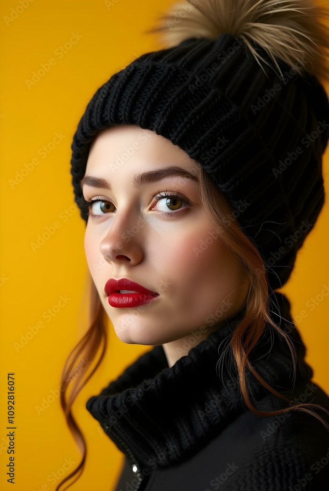 Elegant portrait of a model in a black knitted hat with pompom, red lipstick, and yellow background, combining modern fashion and minimalistic style Elegant portrait of a model in a black knitted hat with pompom, red lipstick, and yellow background, combining modern fashion and minimalistic style