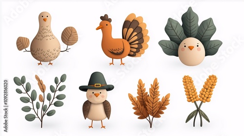 Whimsical Thanksgiving Collection Featuring Playful Illustrations of Birds, Leaves, and Autumn Elements in Warm Earthy Tones for Festive Decor and Design Projects photo