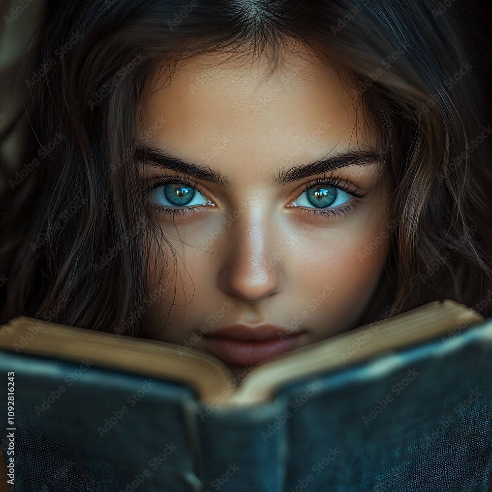 young woman with striking blue eyes gazes intently at open book, showcasing her deep connection to literature. soft lighting highlights her features and texture of book young woman with striking blue eyes gazes intently at open book, showcasing her deep connection to literature. soft lighting highlights her features and texture of book