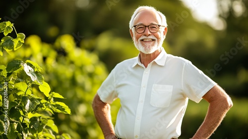 Senior man smiling in a vineyard during golden hour in summer. Generative AI